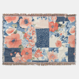 Americana Floral Patchwork Quilt in Navy and Coral Throw Blanket