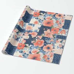 Americana Floral Patchwork Quilt in Navy and Coral Wrapping Paper