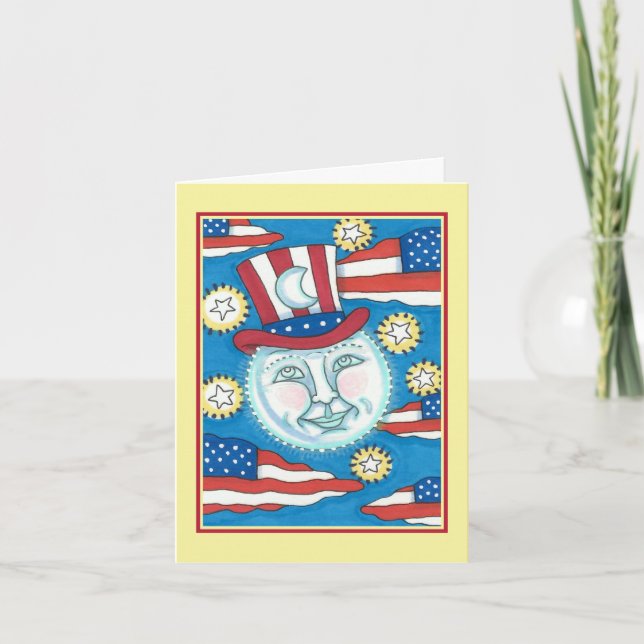 AMERICANA FOLK ART PATRIOTIC MAN IN THE MOON Blank Holiday Card (Front)