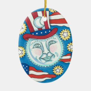 AMERICANA FOLK ART PATRIOTIC MAN IN THE MOON  CERAMIC ORNAMENT