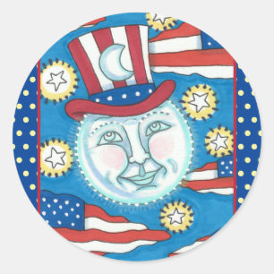 AMERICANA FOLK ART PATRIOTIC MAN IN THE MOON CLASSIC ROUND STICKER