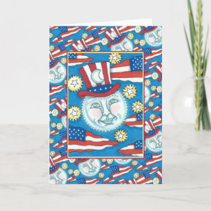 AMERICANA FOLK ART PATRIOTIC MAN IN THE MOON HOLIDAY CARD
