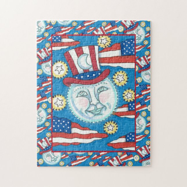 AMERICANA FOLK ART PATRIOTIC MAN IN THE MOON JIGSAW PUZZLE (Vertical)