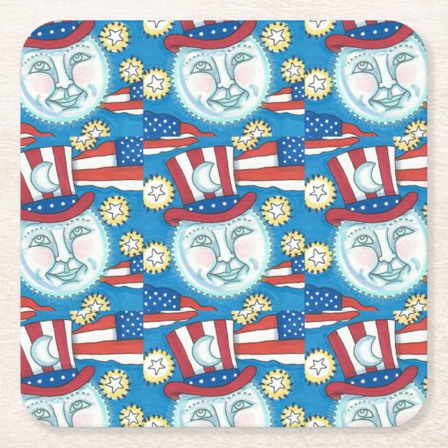 AMERICANA FOLK ART PATRIOTIC MAN IN THE MOON SQUARE PAPER COASTER (Front)