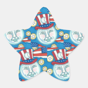 AMERICANA FOLK ART PATRIOTIC MAN IN THE MOON STAR STICKER