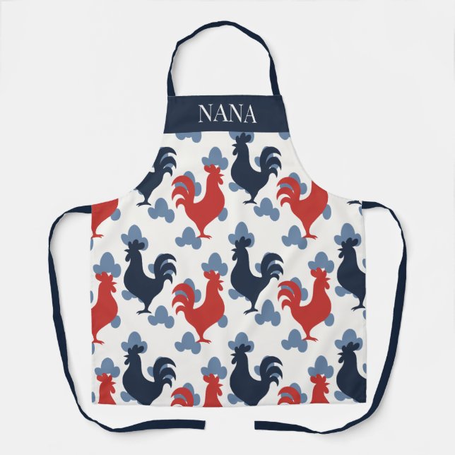 Americana Folk Art Roosters – Rustic Farm Pattern Apron (Front)