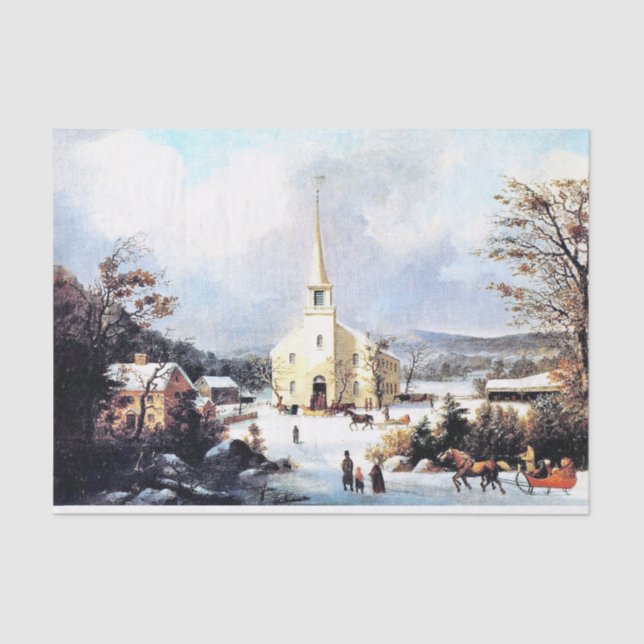 Americana Horse Sleigh Church Snow Tissue Paper (Front)