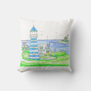 Americana Lighthouse Pillow; Blue Cushion