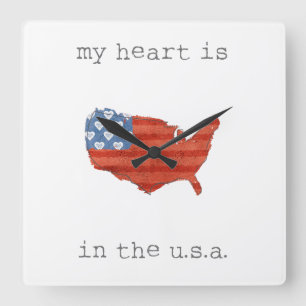 Americana   My Heart Is In The USA Map Square Wall Clock