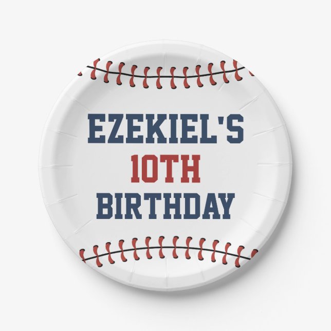 Americana Navy Blue & Red Baseball Birthday Paper Plate (Front)