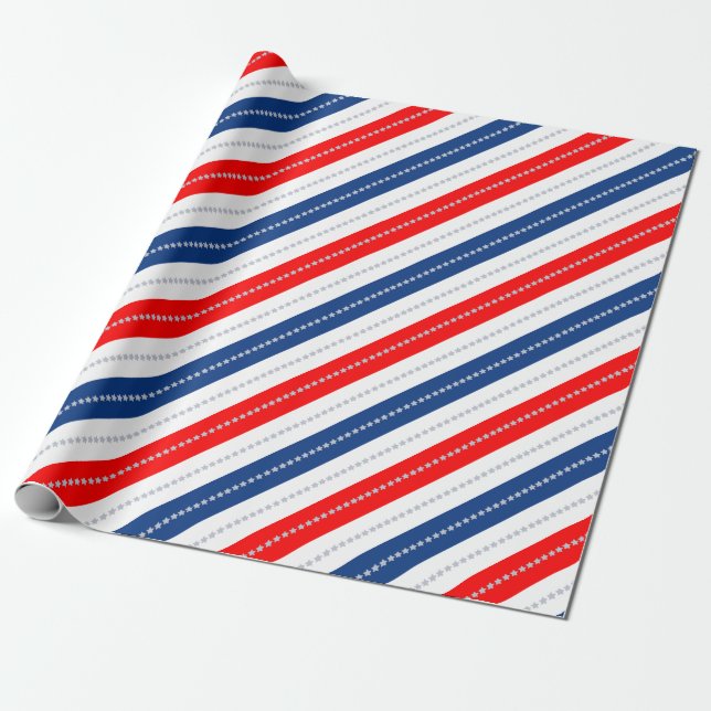 Americana Red White Blue Stars & Stripes Wrapping Paper (Unrolled)