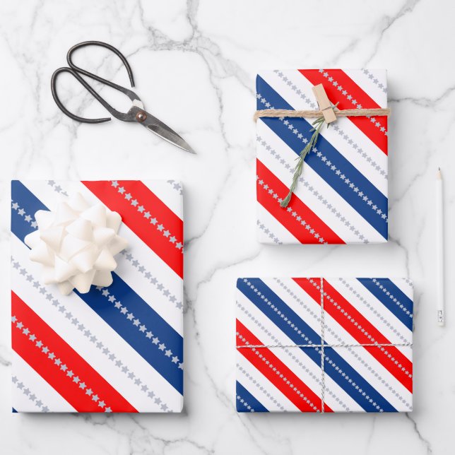 Americana Red White Blue Stars & Stripes Wrapping Paper Sheet (Front)