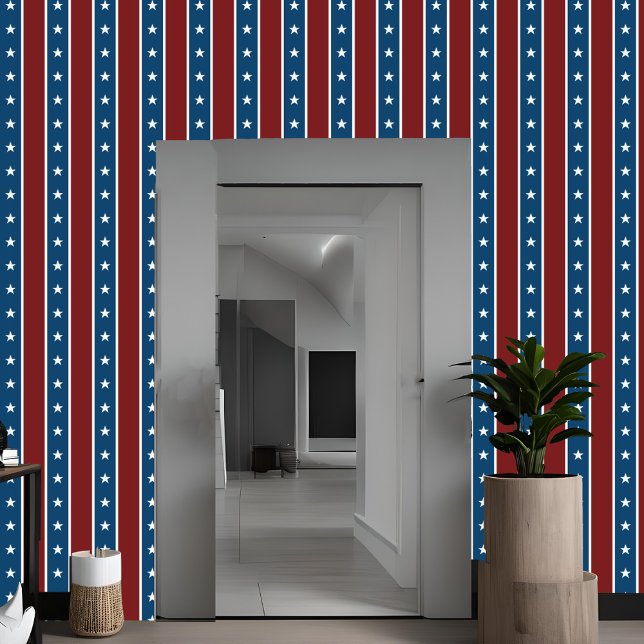 Americana Stars & Stripes Vertical Red White Blue Wallpaper (Red white & blue peel and stick wallpaper for DIY 4th of July decorating, Americana stripes pattern)