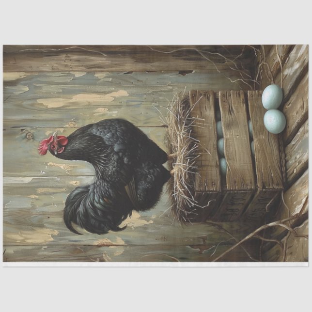 Americana Style Painting of a Black Hen Decoupage Tissue Paper (Front)