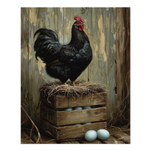 Americana Style Painting of a Black Hen Poster