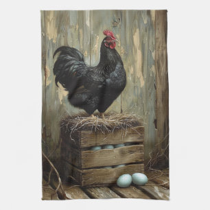 Americana Style Painting of a Black Hen Tea Towel