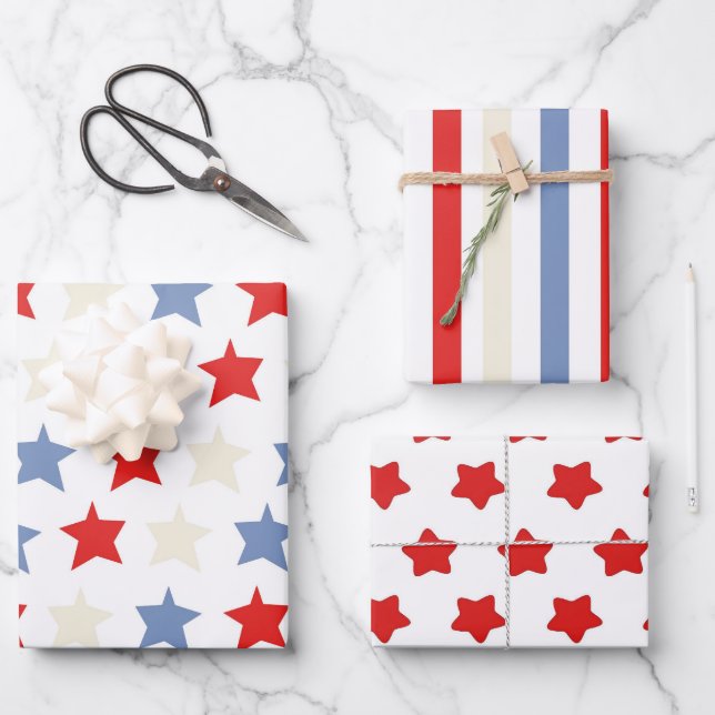 Americana theme, red, white and blue wrapping paper sheet (Front)