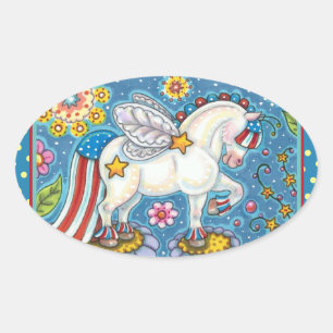 AMERICANA WHIMSYNICKER PATRIOTIC PONY Cute Fantasy Oval Sticker