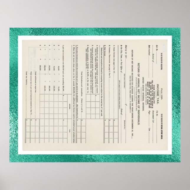 America's First Income Tax Form 1040 Glass Poster (Front)