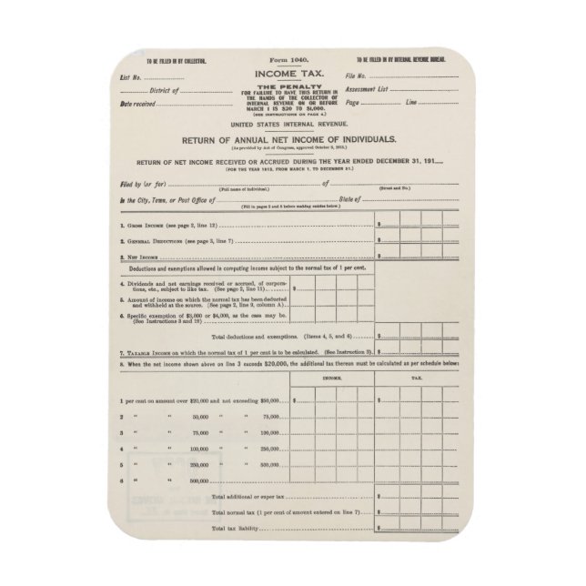 America's First Income Tax Form 1040 Poster Magnet (Vertical)