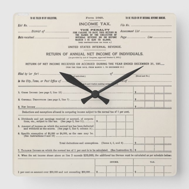 America's First Income Tax Form Square Wall Clock (Front)