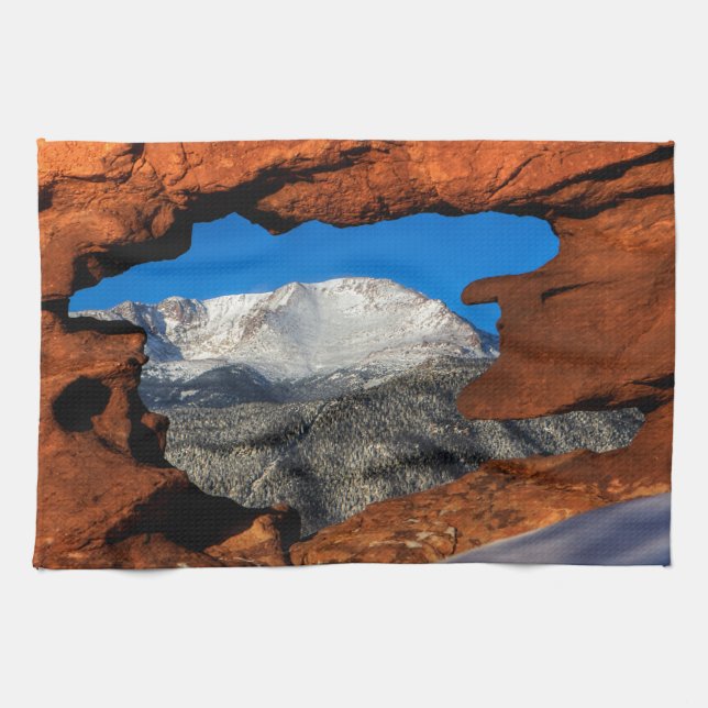 America's Mountain Framed by Sandstone Tea Towel (Horizontal)