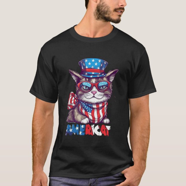 Americat USA Cute Cat  4th of July Men Women T-Shirt (Front)