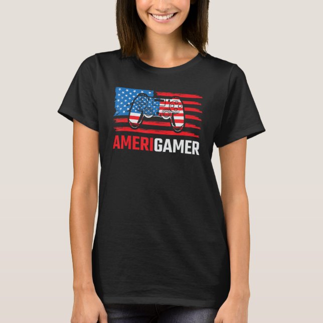 Amerigamer Distressed American Flag Gamer July 4th T-Shirt (Front)