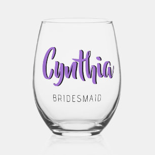 Amethyst 3D Modern Name Bridesmaid Stemless Wine Glass