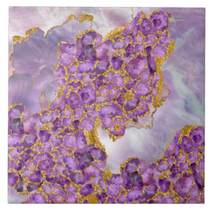 Amethyst and Gold - Abstract Crystal Cluster Ceramic Tile