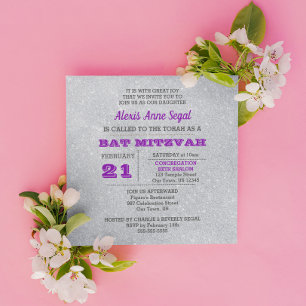 Amethyst and Silver Glitter Glam Bat Mitzvah Invitation