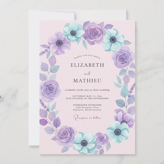 Amethyst Aqua Blossom Wedding Invitation (Front)