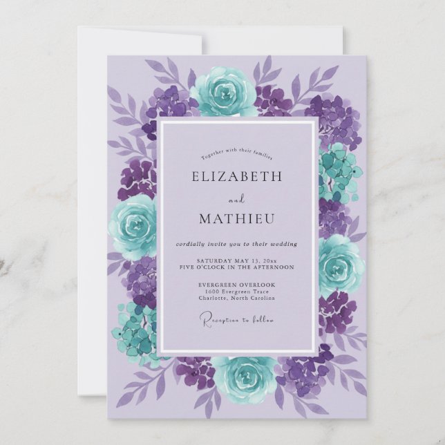 Amethyst Aqua Ranunculus Eucalyptus Wedding Invitation (Front)