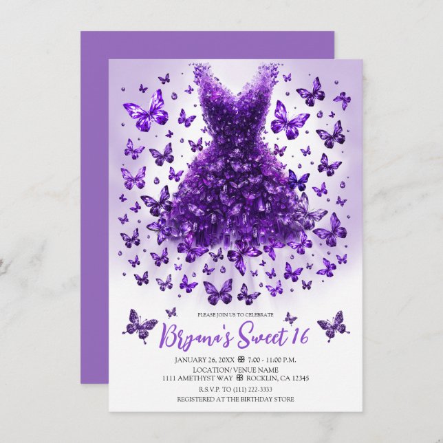 Amethyst Butterfly Dress February Birthstone Invitation (Front/Back)