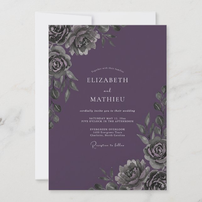 Amethyst Charcoal Foliage Eucalyptus Wedding Invitation (Front)