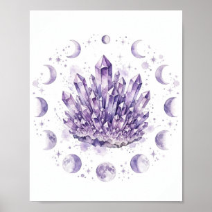 Amethyst Crystal Cluster Moon Phases Design Poster
