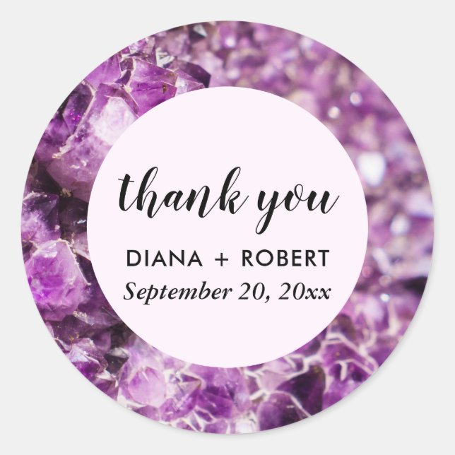 Amethyst Crystal Purple Nature Wedding Thank You Classic Round Sticker (Front)