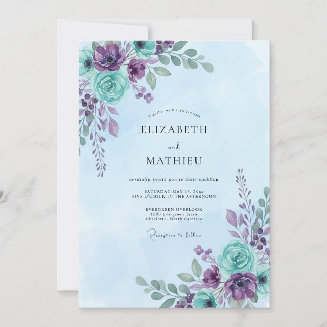 Amethyst Cyan Painted Wedding Invitation (Front)