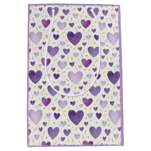 Amethyst Dreams: Watercolor Heart & Gold Sparkle Medium Gift Bag