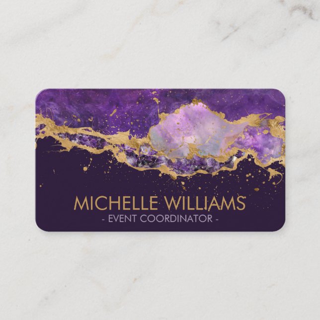 Amethyst, Fluorite and Golden splatter Abstract Business Card (Front)