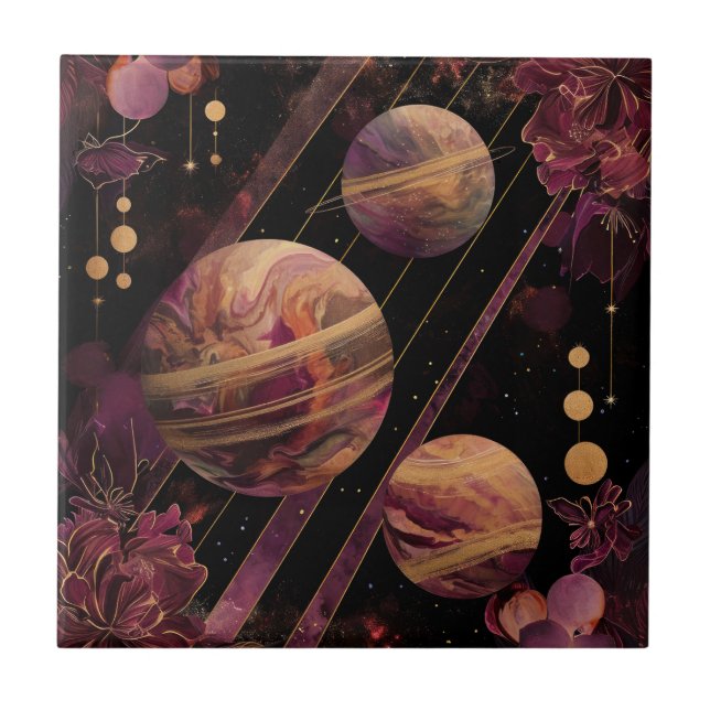 Amethyst Galaxy Planet Gold Celestial Ceramic Tile (Front)