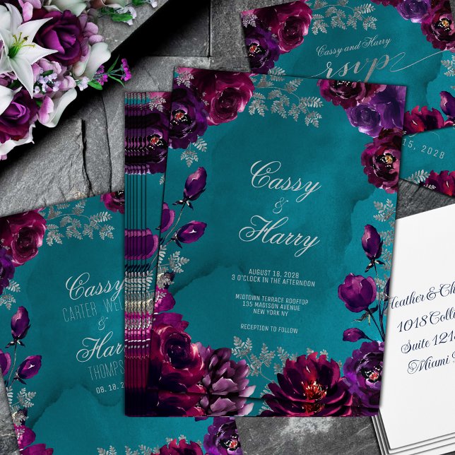 Amethyst Garnet Teal Jewel Tone Wedding Invitation (Amethyst Garnet Teal Jewel Tone Wedding Invitation in deep purple amethyst and garnet burgundy red)