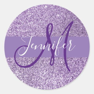 Amethyst Glitter Photo Name and Initial Classic Round Sticker
