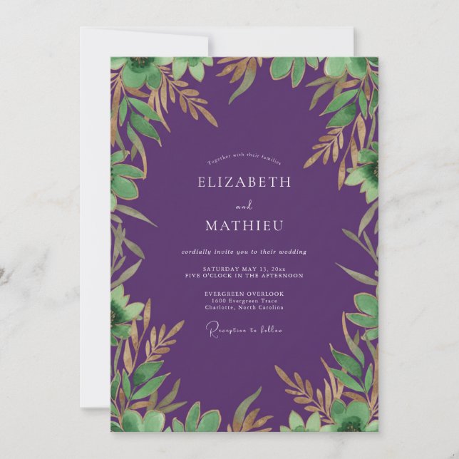 Amethyst Gold Foliage Eucalyptus Wedding Invitation (Front)