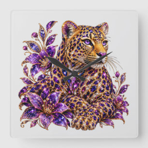 Amethyst Jewel Leopard Art Square Wall Clock