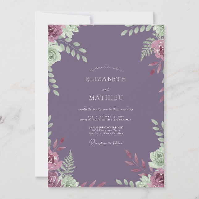 Amethyst Leafy Ranunculus Wedding Invitation (Front)