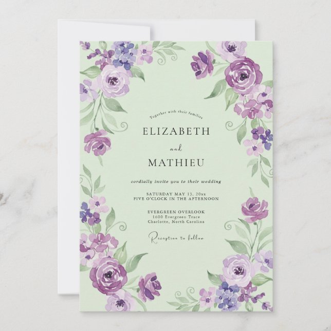 Amethyst Mint Bouquet Eucalyptus Wedding Invitation (Front)
