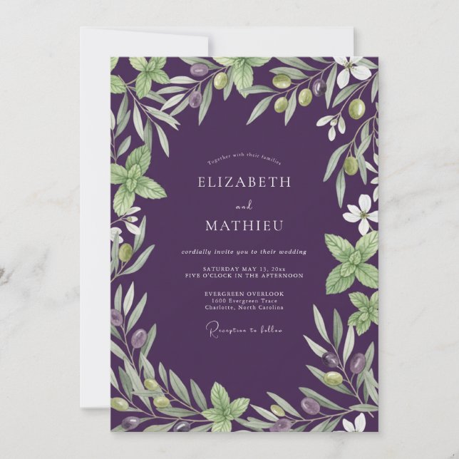Amethyst Olive Branch Eucalyptus Wedding Invitation (Front)
