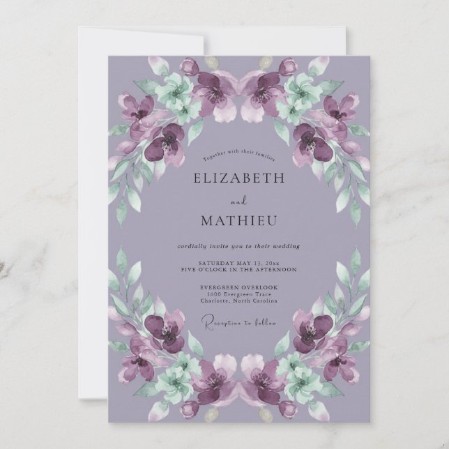 Amethyst Painted Leafy Wedding Invitation (Front)