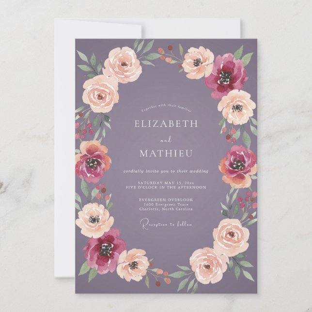 Amethyst Peach Ranunculus Eucalyptus Wedding Invitation (Front)